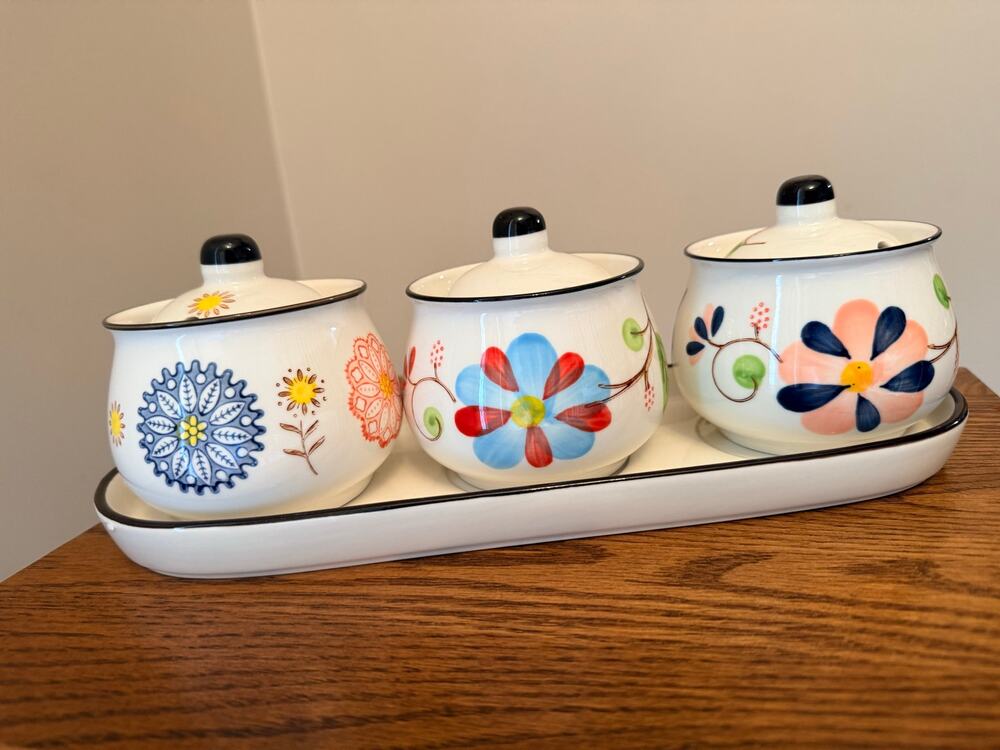 New Mosuji Hand-Painted Ceramic Spice Jars and Tray, multicolored floral motifs